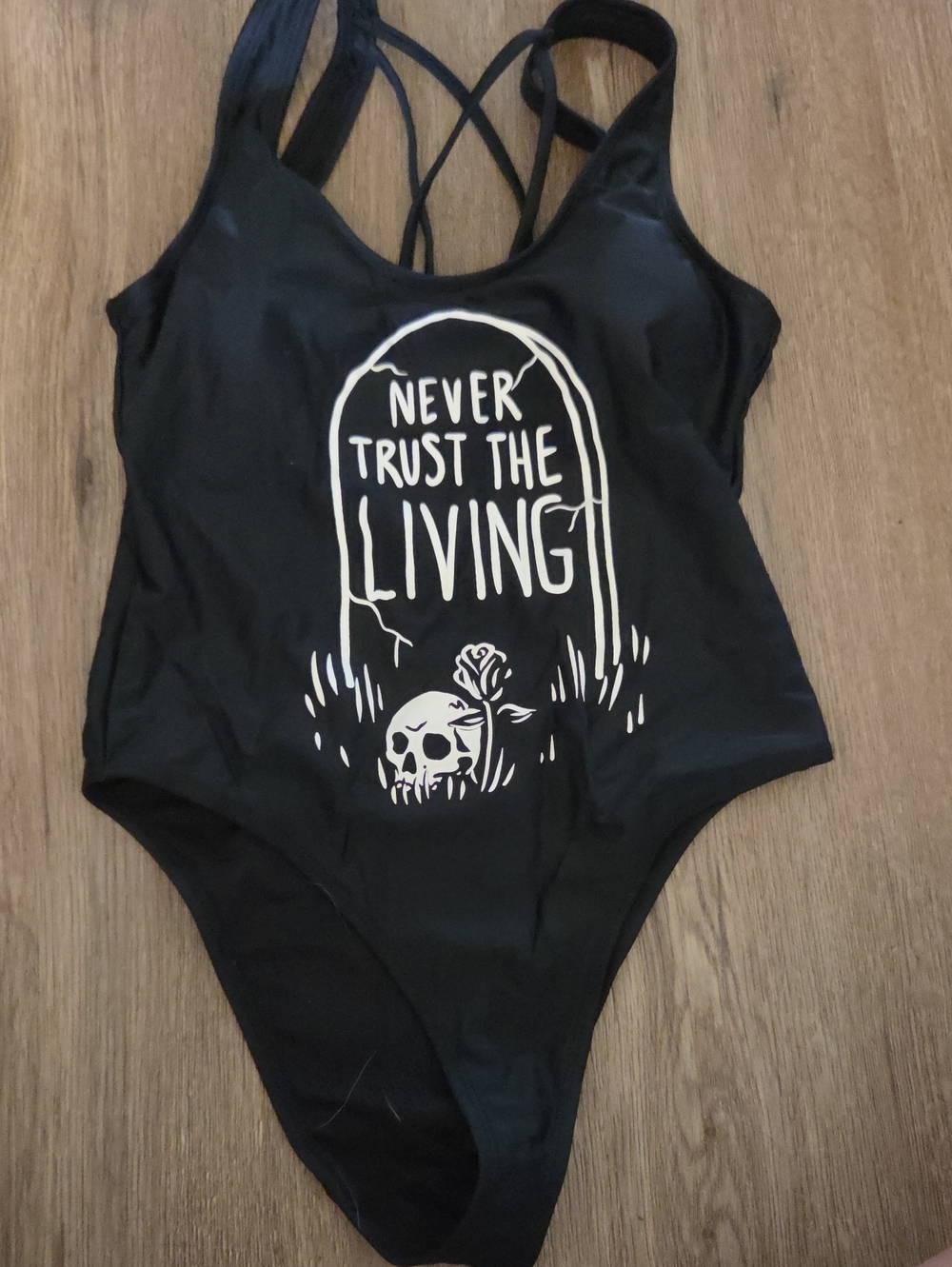 Black Graphic One-Piece Swimsuit - "Never Trust The Living"